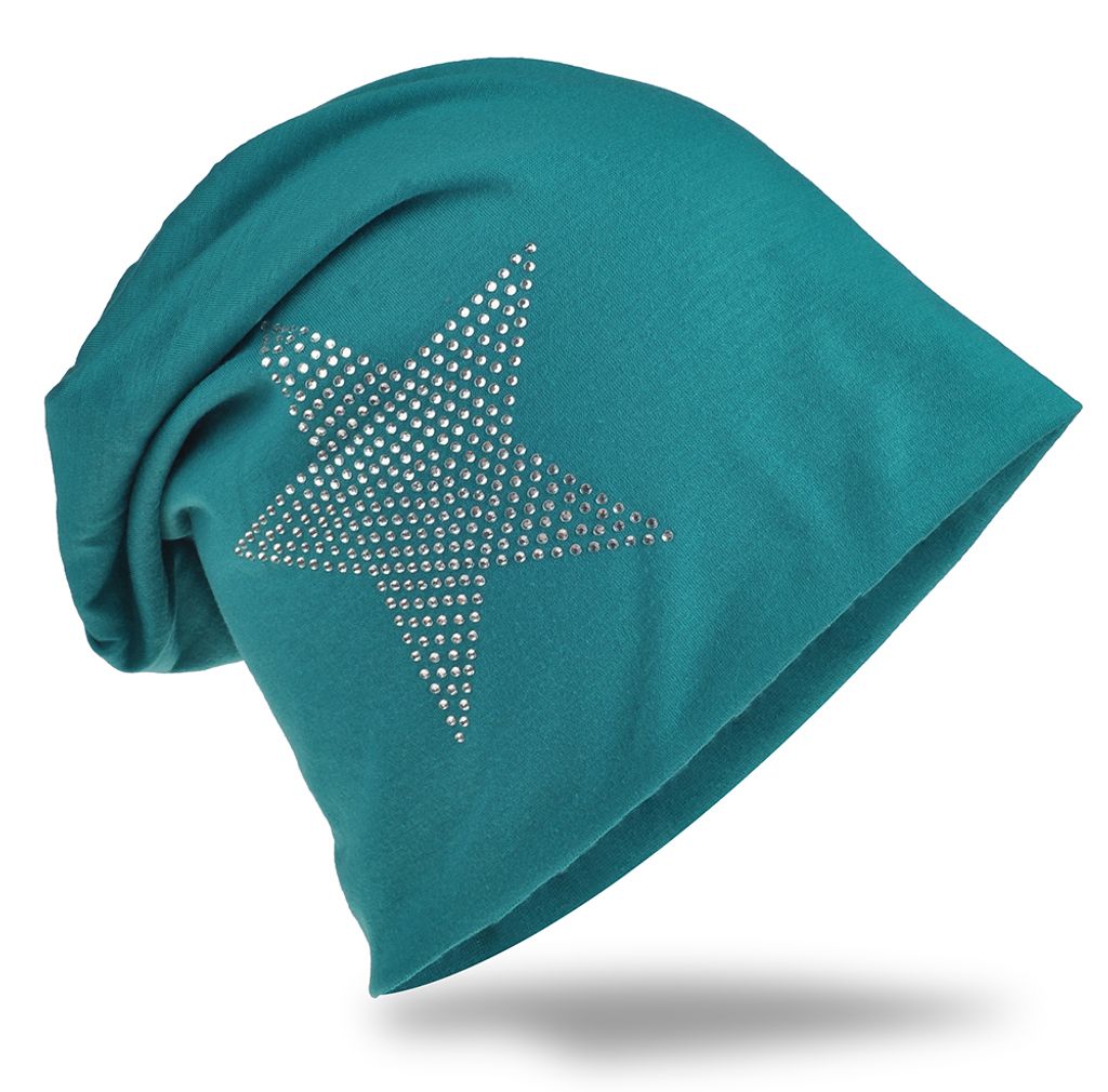 Beanie Muetze Strass Stern Petrol