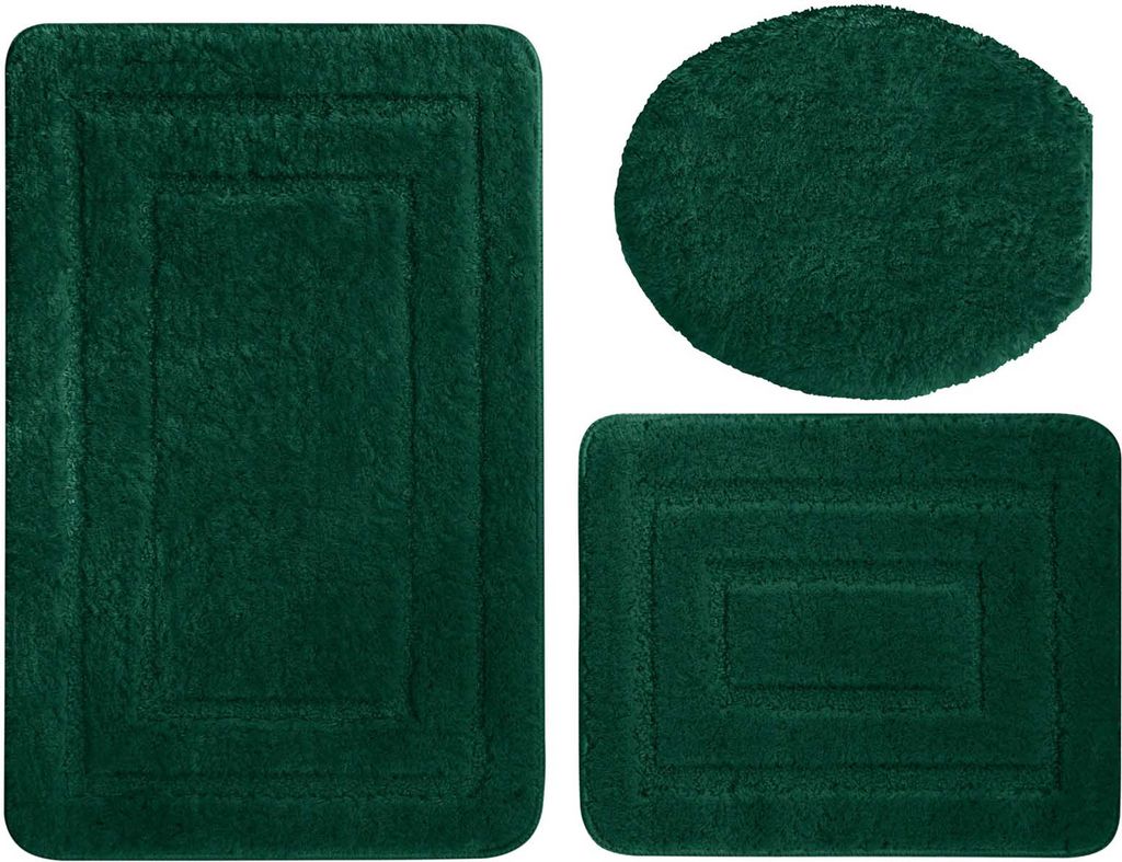 Three green bath mats of different shapes and sizes are arranged on a white background.