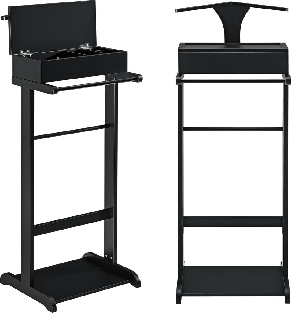Two black valet stands are shown against a white background. The stand on the left has its storage compartment open, revealing dividers. The stand on the right has a hanger at the top.