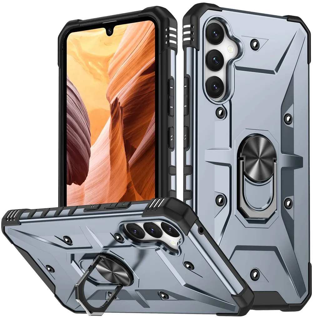 Custodia per Samsung Galaxy A34, Custodia protettiva antiurto in PC TPU a doppio strato con supporto ad anello, supporto, Grigio