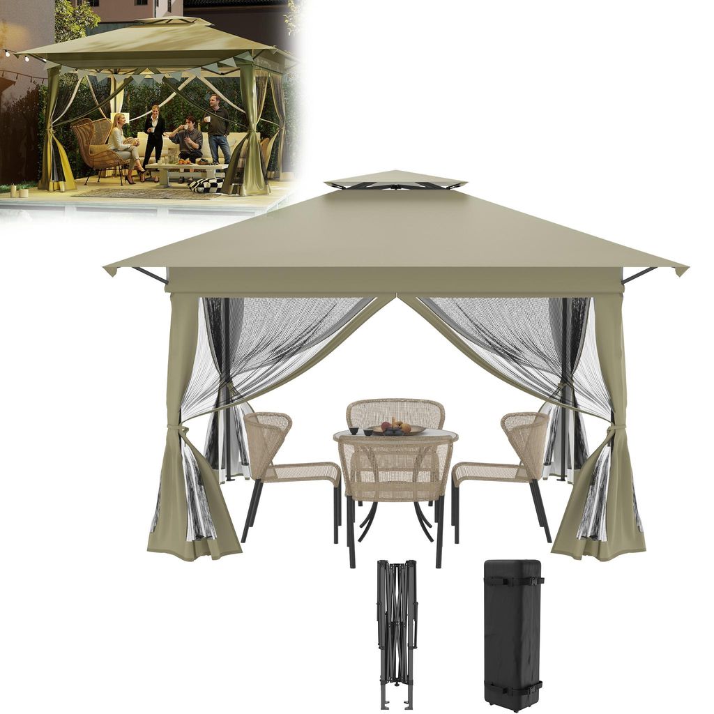XINZI Pop Up Pavillon Faltpavillon mit One Push-Technik, Doppeldach, höhenverstellbar für Patio Familientreffen (Beschattungsfläche: 4x4m) Khaki