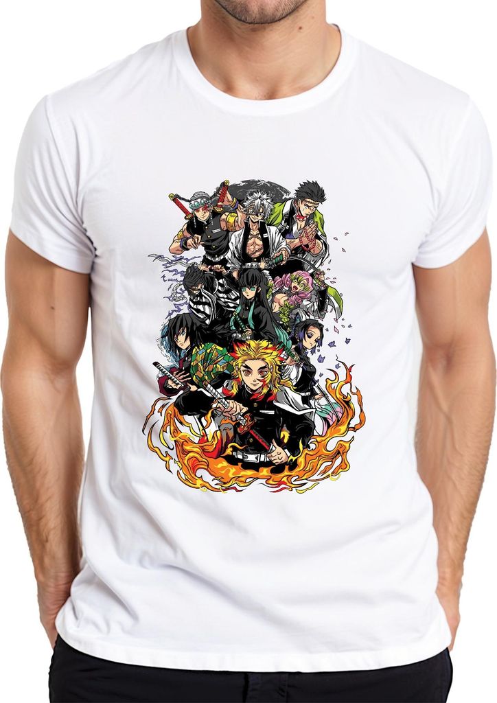 Demon Slayer Rengoku Tanjiro Nezuko Gruppe Feuer Anime Vintage Herren T-Shirt, Weiß, L