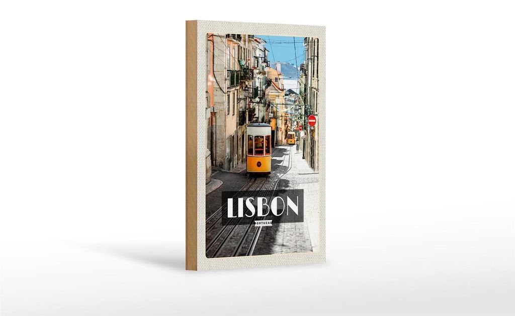 Holzschild Reise 12x18 cm Lisbon Portugal Straßenbahn Dekoration