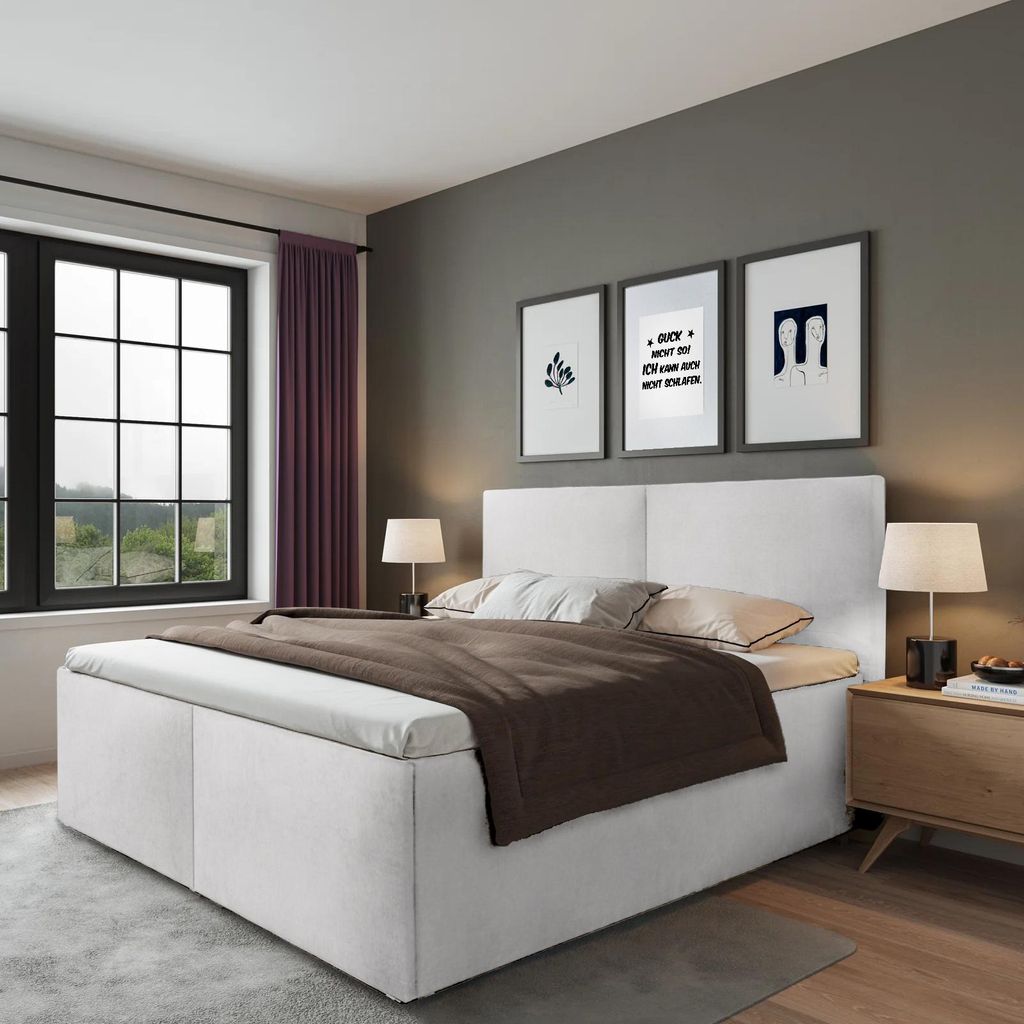 Polsterbett Milano Weiß 200 x 200 cm Stauraum unter der Liegefläche ohne hydraulische Funktion Mit hochwertiger Matratze H2 (bis 100 kg) und Latt...