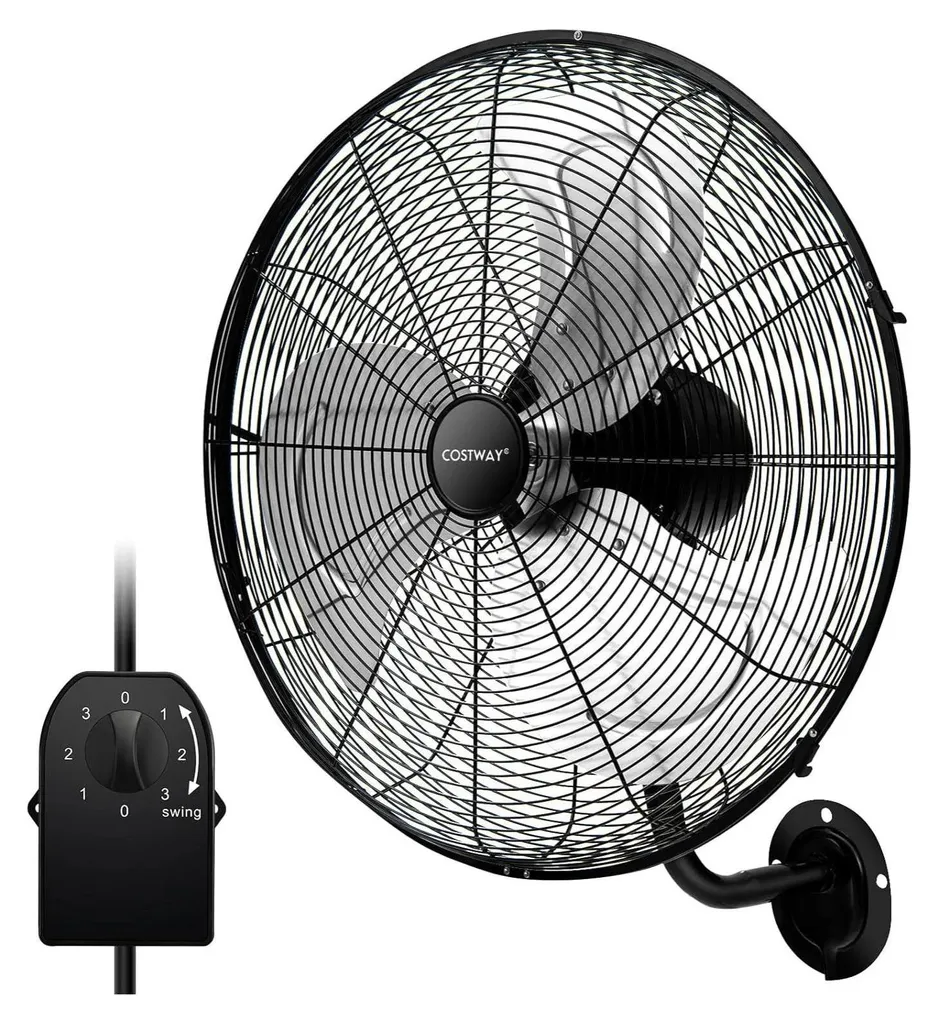 Ventilateur mural oscillant à 85° inclinaison 30° Noir 100W tri-vitesse