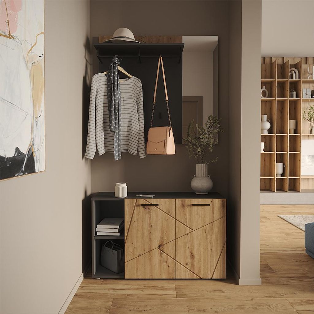 Vicco Garderobe Irma, 106 x 63 cm Set mit Schuhschrank und Wandgarderobe mit Spiegel, Anthrazit/Artisan