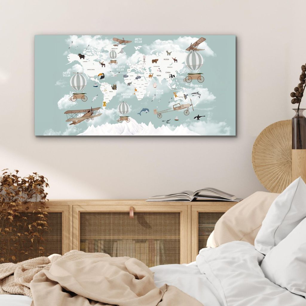 MuchoWow Wanddekoration Metall Metallbild Wandkunst 80x40 cm Weltkarte - Kind - Flugzeug MuchoWow Aluminium Gemälde - Wanddekoration - Alubild