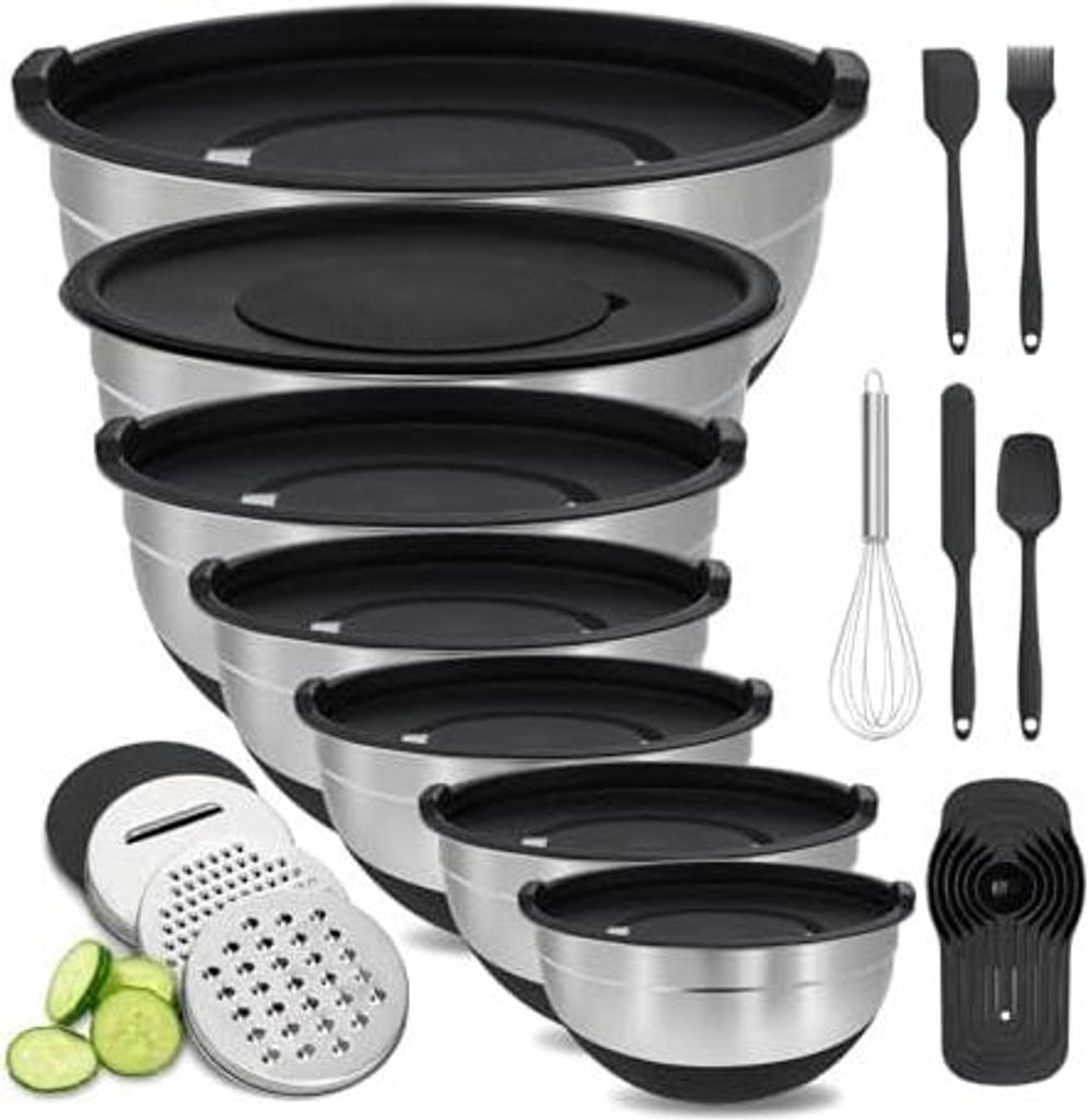 BEWOS Rührschüssel mit Deckel 7-teilig, Edelstahl Rührschüsseln mit Reibe, Nesting Design & Anti-Rutsch-Boden Rührschüssel, Größen 4.5, 4, ...