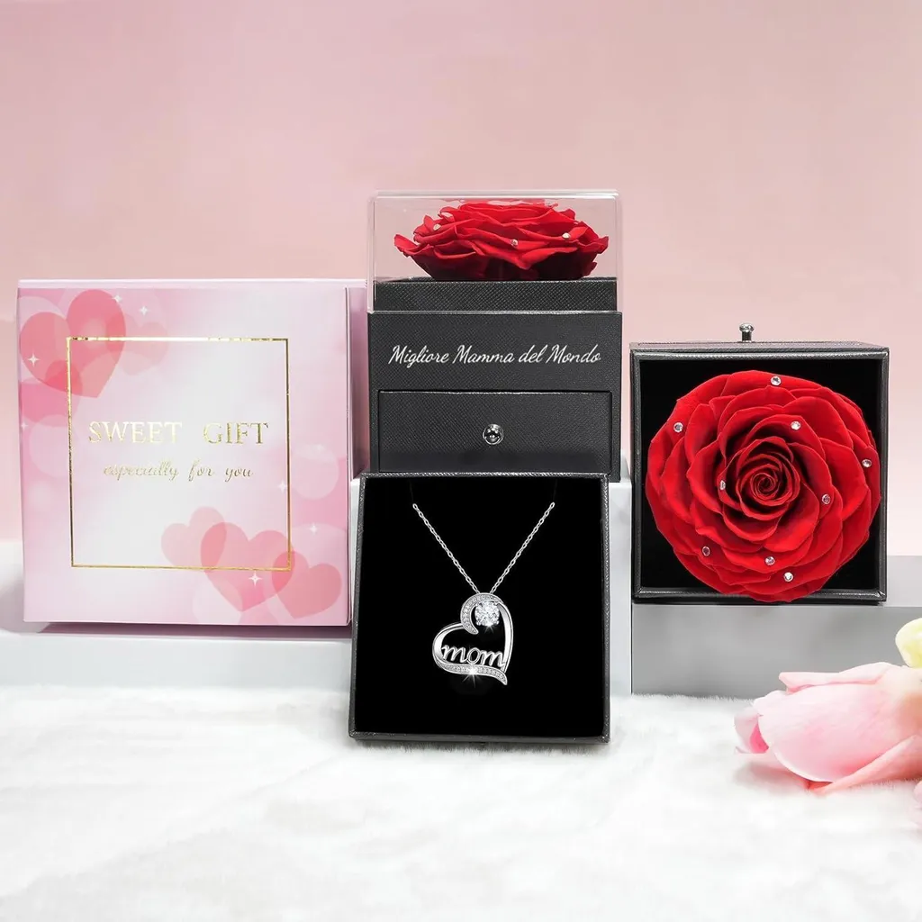 Idée Cadeau Durable : Collier Argent 925 Maman et Rose Rouge Éternelle - 4