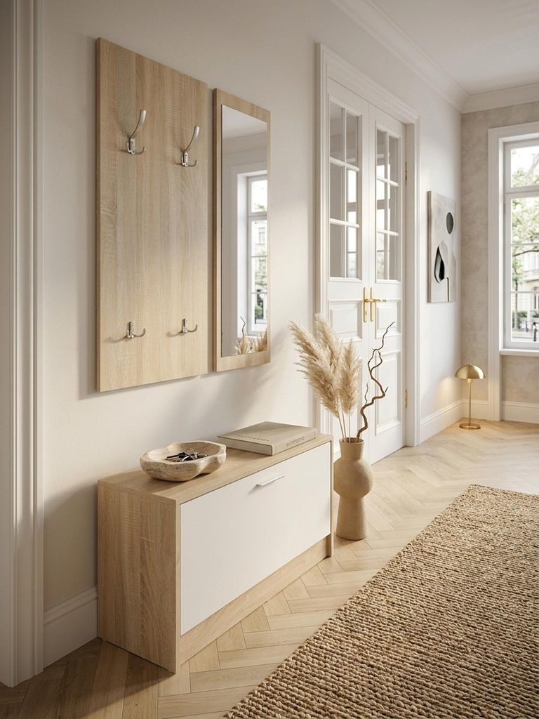 Wand-Garderobe SALERNO mit Spiegel & Schuhschrank Spanplatte sonoma, Moderne Flur-Kompaktgarderobe für Jacken & Schuhe, Komplettgarderobe