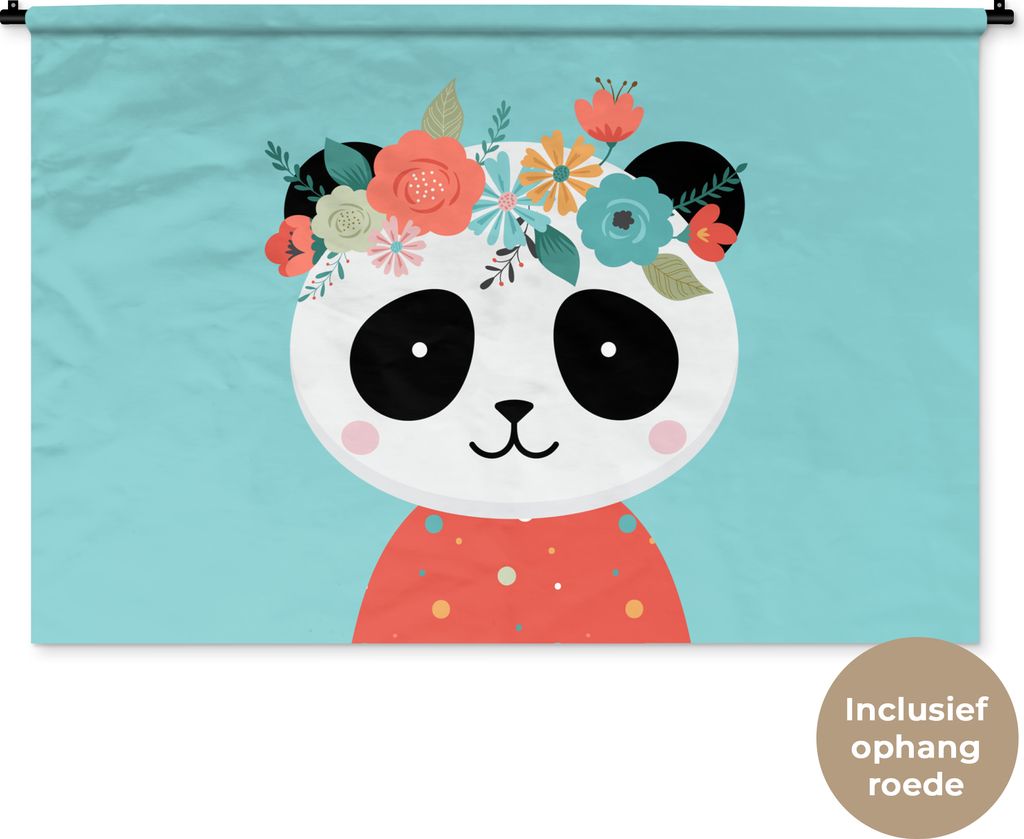 MuchoWow Wandteppich Wandbehang Panda - Blumengirlande - Blau 150x100 cm Tapisserie Dekoration Wandtuch - Waschbar - Tapisserien - Wand-Decke