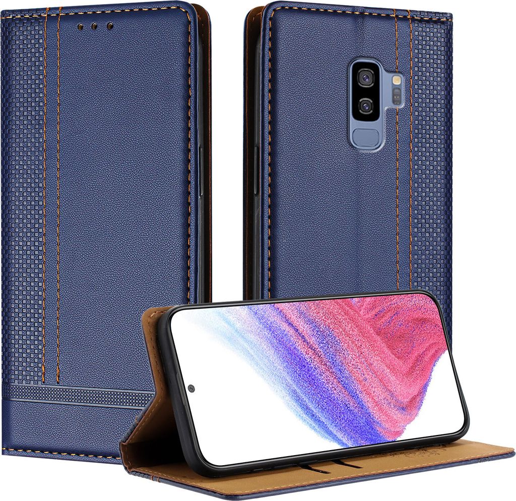 Handyhülle für Samsung Galaxy S9 Plus Leder Flip Klappbare Schutzhülle mit Standfunktion Blau