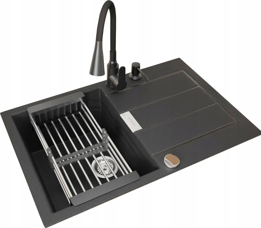 A black granite composite kitchen sink with a flexible faucet and a drying rack.