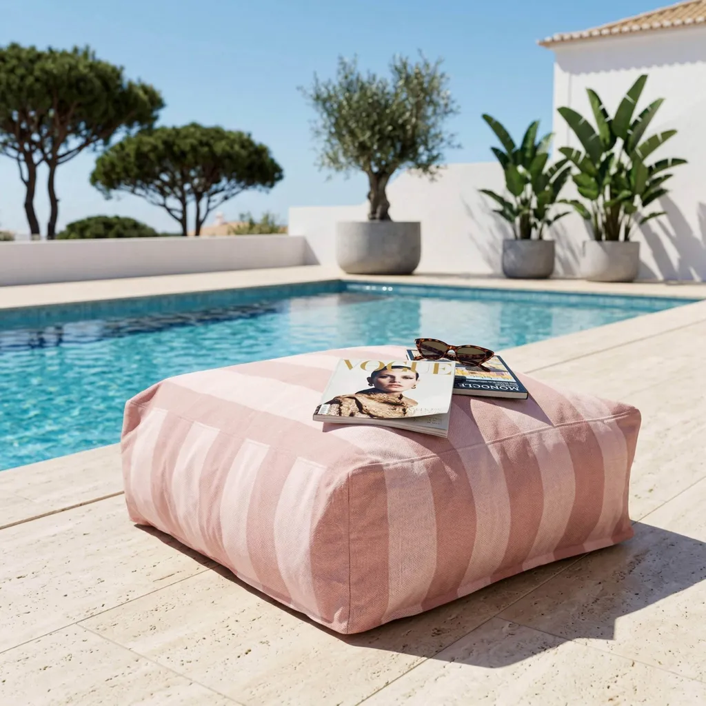 Pouf rayé rose poudré pour salon de jardin modulable Oviala Mixi
