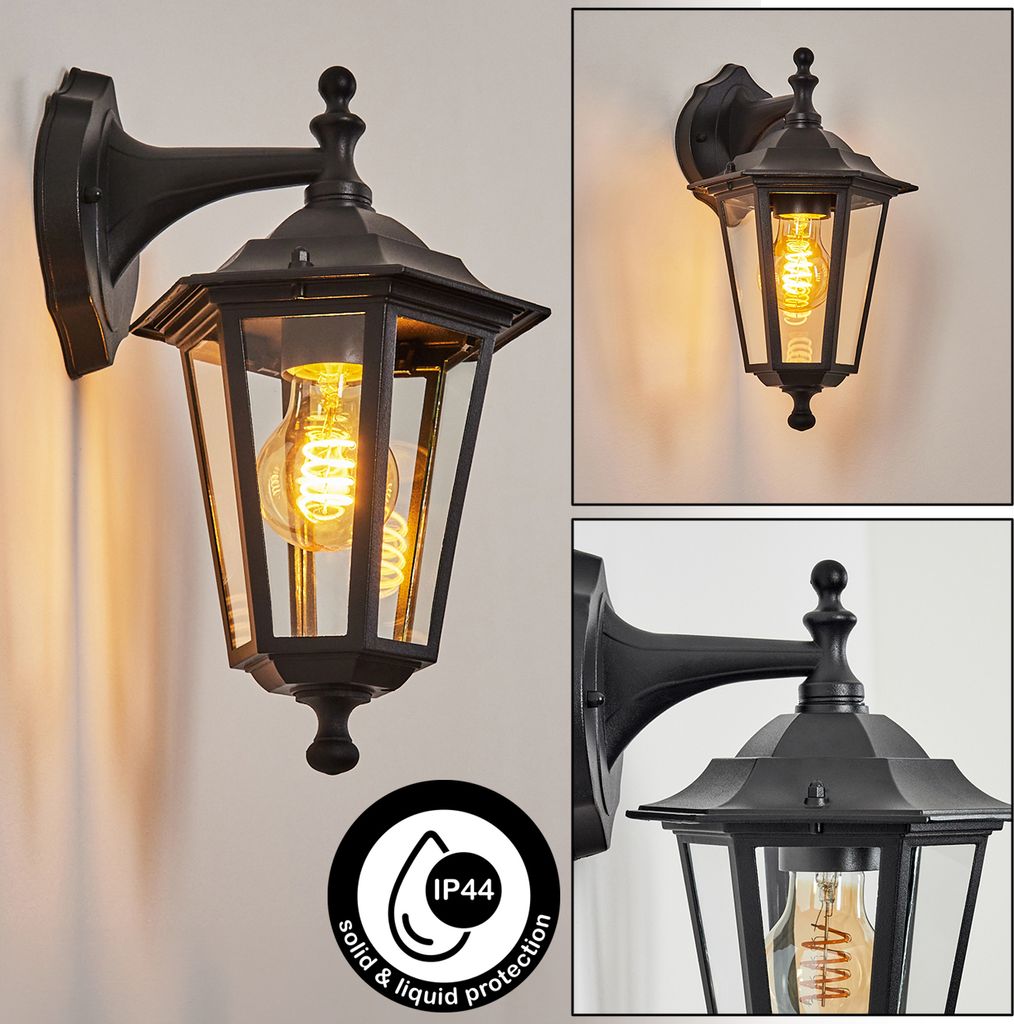 Rivale Wandlampe abwärts in antikem Look aus Metall/Glas in Schwarz/Klar