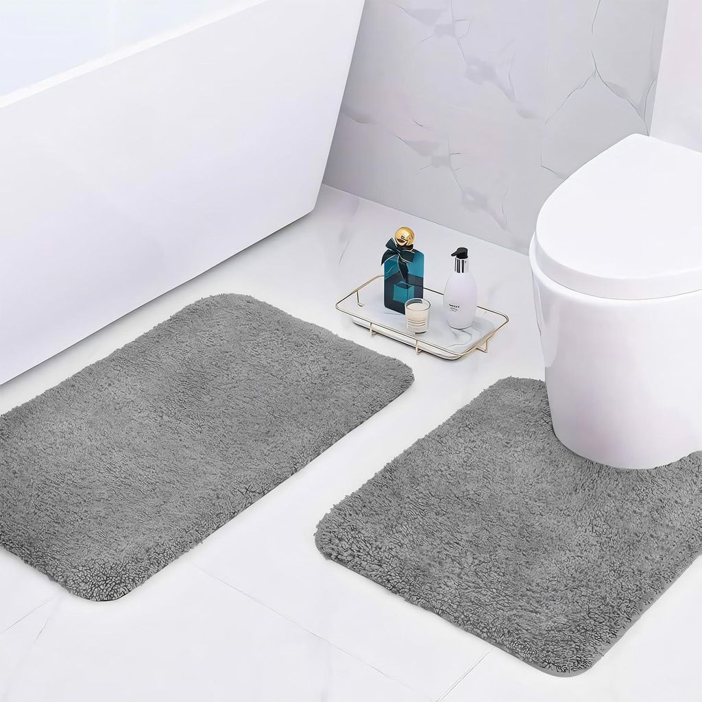 Mikrofaser-Badematten, 2 cm extra dicke Badematten, super saugfähige Badematten 50x80 cm und 50x50 cm U-förmig, grau