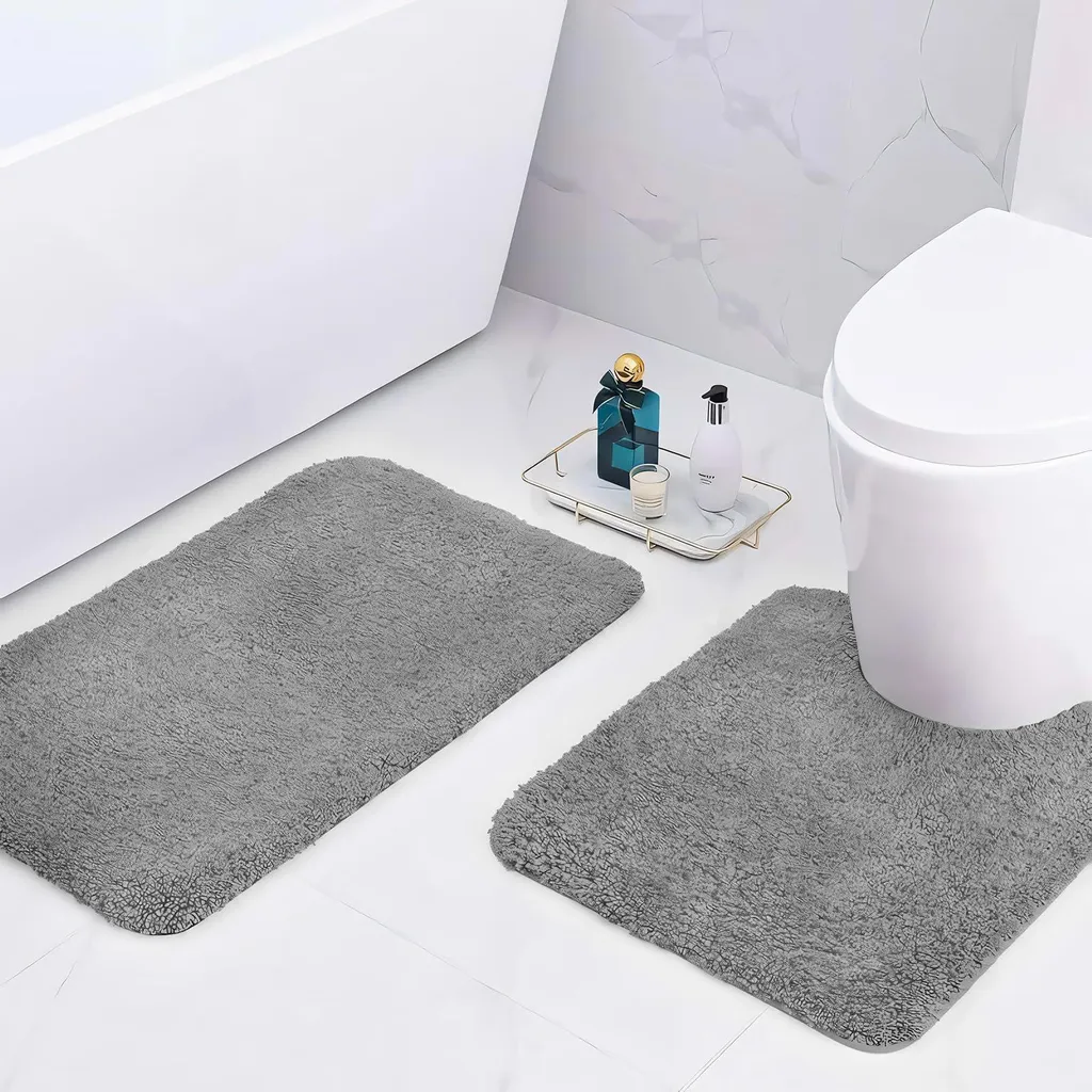 Tapis de bain 2cm extra-épais microfibre gris - Set 2 pièces ultra-absorbant