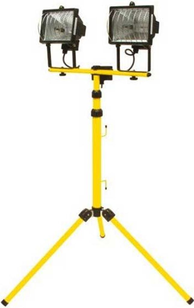 A yellow tripod with two halogen floodlights mounted on top.