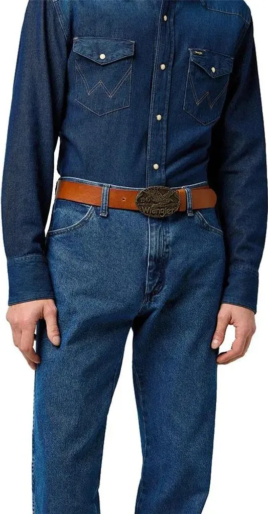 Cintura Wrangler Rugged Uomo In Pelle Pieno Fiore Marrone: Design Classico Con Fibbia Vissuta, Taglia Regolabile