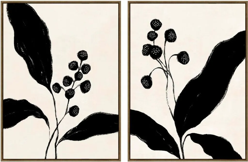 Grand Tableau Floral 75x100 cm | Toile Moderne Noir et Beige Esprit