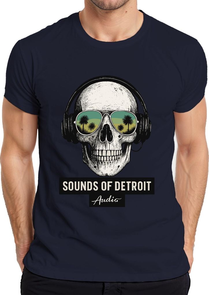 Sounds of Detroit Audio Totenkopf Kopfhörer Techno DJ Retro Club Herren T-Shirt, Navy, 3XL