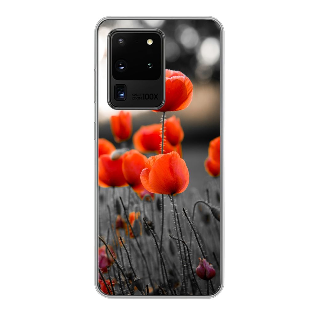 MuchoWow Handyhülle Schutzhülle Hülle für Samsung Galaxy S20 Ultra Rote Mohnblumen vor schwarzem und weißem Hintergrund Silikon Softcase Han...