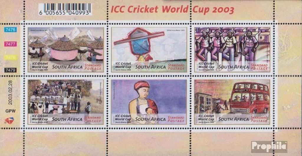 Briefmarken Südafrika 2003 Mi 1482-1487 Kleinbogen (kompl.Ausg.) gestempelt Kricket WM