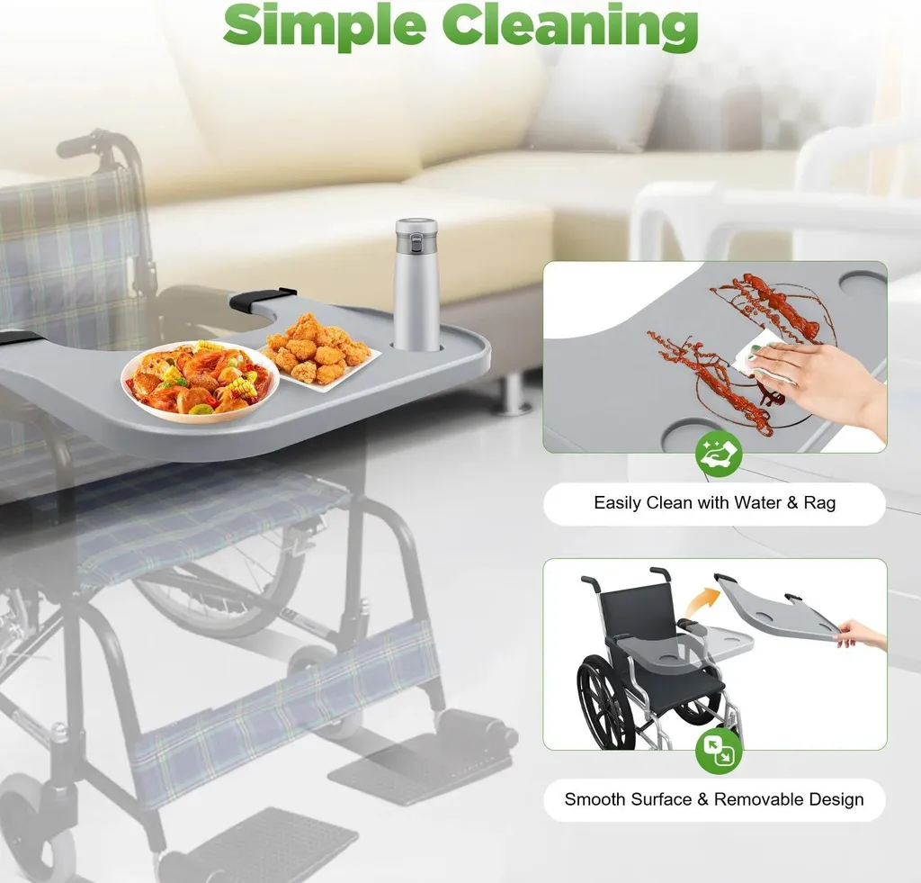 Plateau Fauteuil Roulant Anti-Chute avec Double Porte-Gobelets ABS