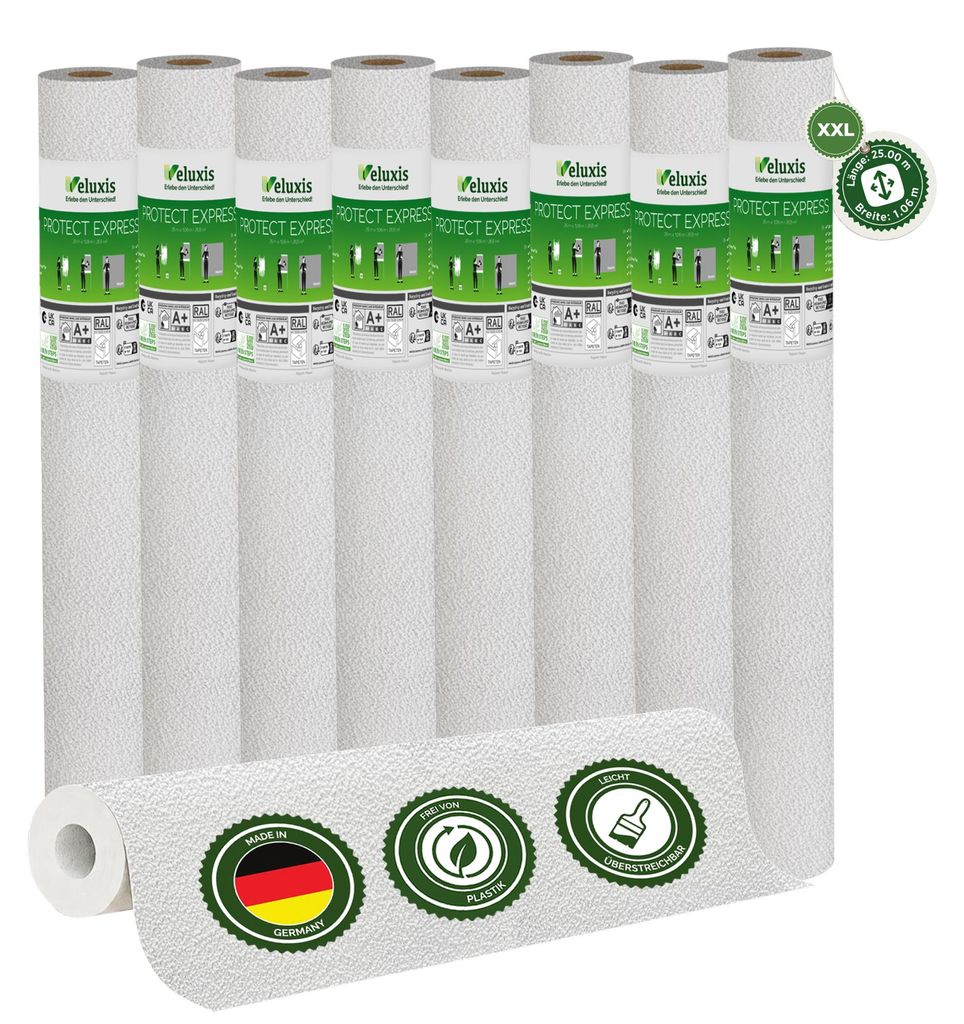 Vliestapete Vliestapete weiß – PROTECT Putzoptik mit feiner Körnung 8er Set, 8 x 25,00 m x 1,06 m, kratz- & stoßfest, rissüberbrückend, leic...