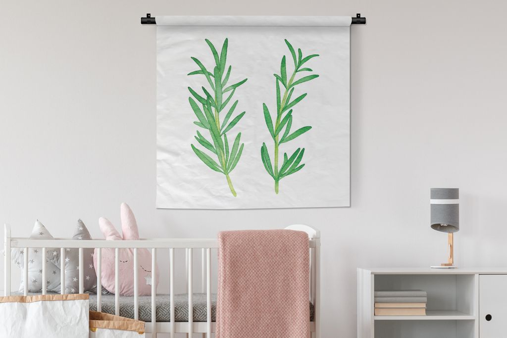 MuchoWow Wandteppich Wandbehang Aquarell - Rosmarin - Kräuter 90x90 cm Tapisserie Dekoration Wandtuch - Wandaufhänger