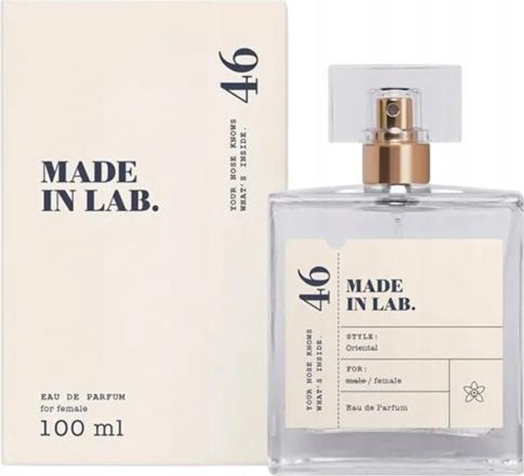 A bottle of perfume and its packaging are displayed against a white background.