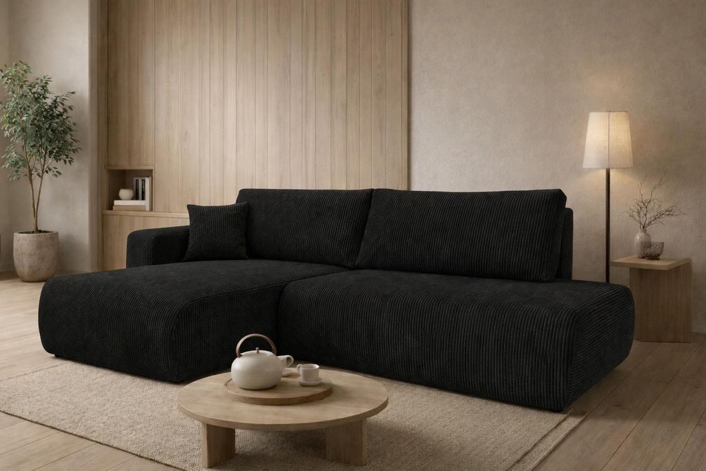 Kaiser Möbel Ecksofa mit Schlaffunktion und Bettkasten, Cordstoff Poso, Schwarz, Links, OPEN XL