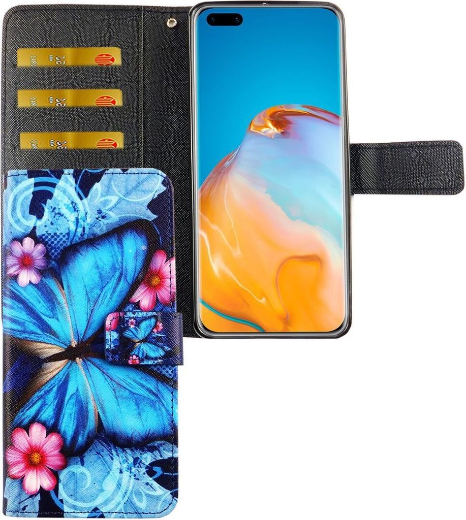 Huawei P40 Tasche Handy Hülle Schutz-Cover Flip-Case mit Kartenfach Blauer Schmetterling