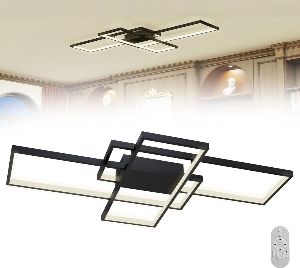 A modern black geometric LED ceiling light is shown against a white background, with a smaller image of the light installed on a ceiling in the background.