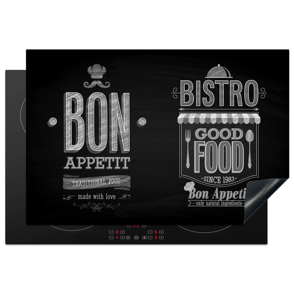 KitchenYeah Herdabdeckplatte Bon Appetit - Italien - Essen - Schwarz und Weiß , 78x52cm, Küche Deko, Glaskeramikkochfeld Herdabdeckung, Abdeckp...
