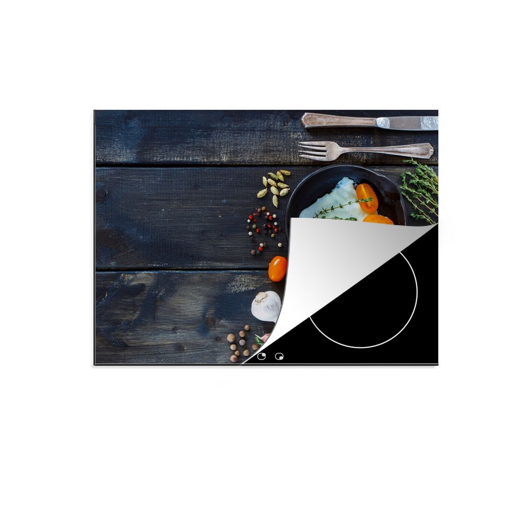 KitchenYeah Herdabdeckplatte Ei - Kochen - Frühstück , 77x59cm, Küche Deko, Glaskeramikkochfeld Herdabdeckung, Abdeckplatte fùr Kochfeld