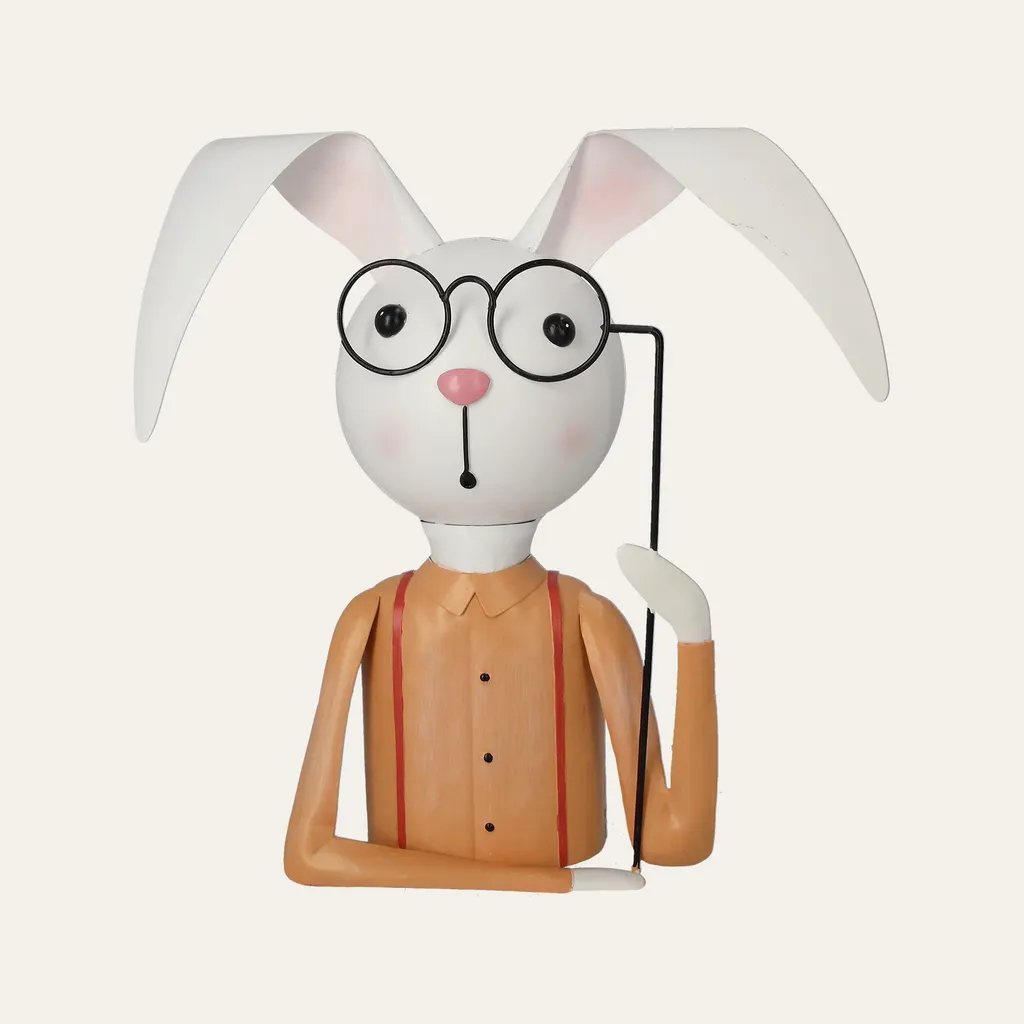 Statuette Lapin de Pâques en métal fer-blanc et lunettes roses
