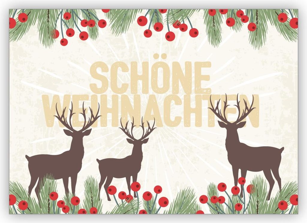 4x Tolle Weihnachtskarte mit Hirschen und roten Beeren für: Schöne Weihnachten