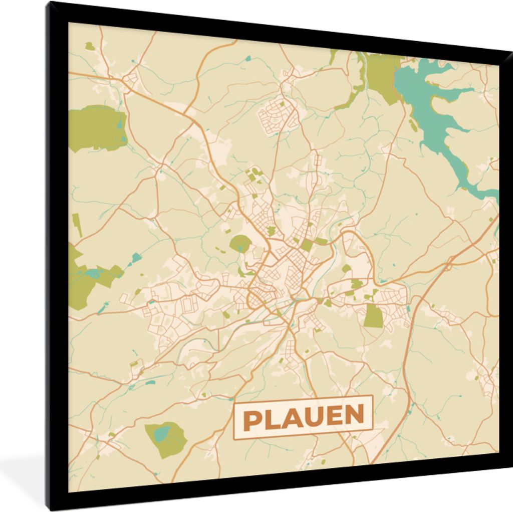 MuchoWow Gerahmtes Poster Karte - Plauen - Vintage - Stadtplan 40x40 cm - Poster mit Schwarzem Bilderrahmen Wandposter Rahmen Foto Bilder - Mit R...