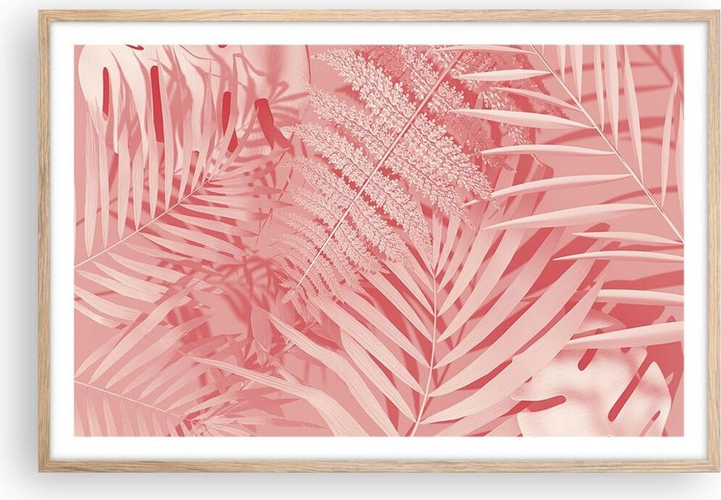 Gerahmtes Poster - Rahmen in heller Eiche - Rosa Blätter Palmen - 91,5x61 cm - Wand Bild - Wanddeko - Wandbilder - Kunstposter - Wandposter - Bild...
