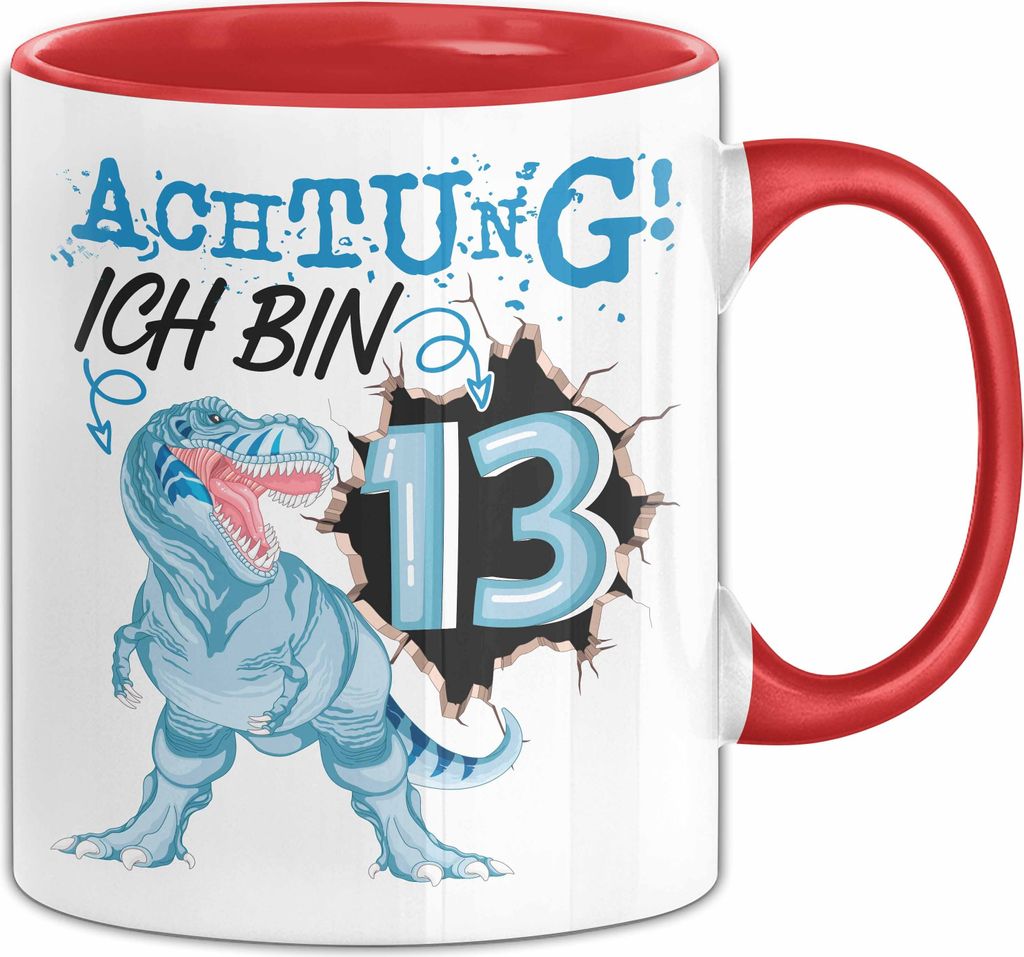 13. Geburtstag Geschenk Tasse Becher Jungs Sohn T-Rex Geburtstagsgeschenk Dinosaurier Achtung Ich bin 13 Teenager (Rot)