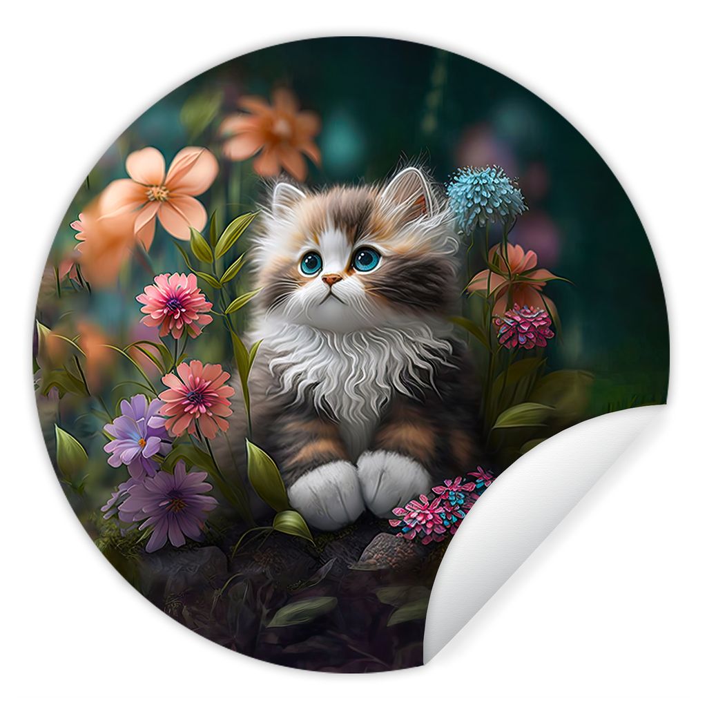 MuchoWow Runde Wandtattoo - Wandsticker Tapete Aufkleber Kätzchen - Illustration - Blumen - Natur - Katze Ø 80 cm Selbstklebend und Repositioni...