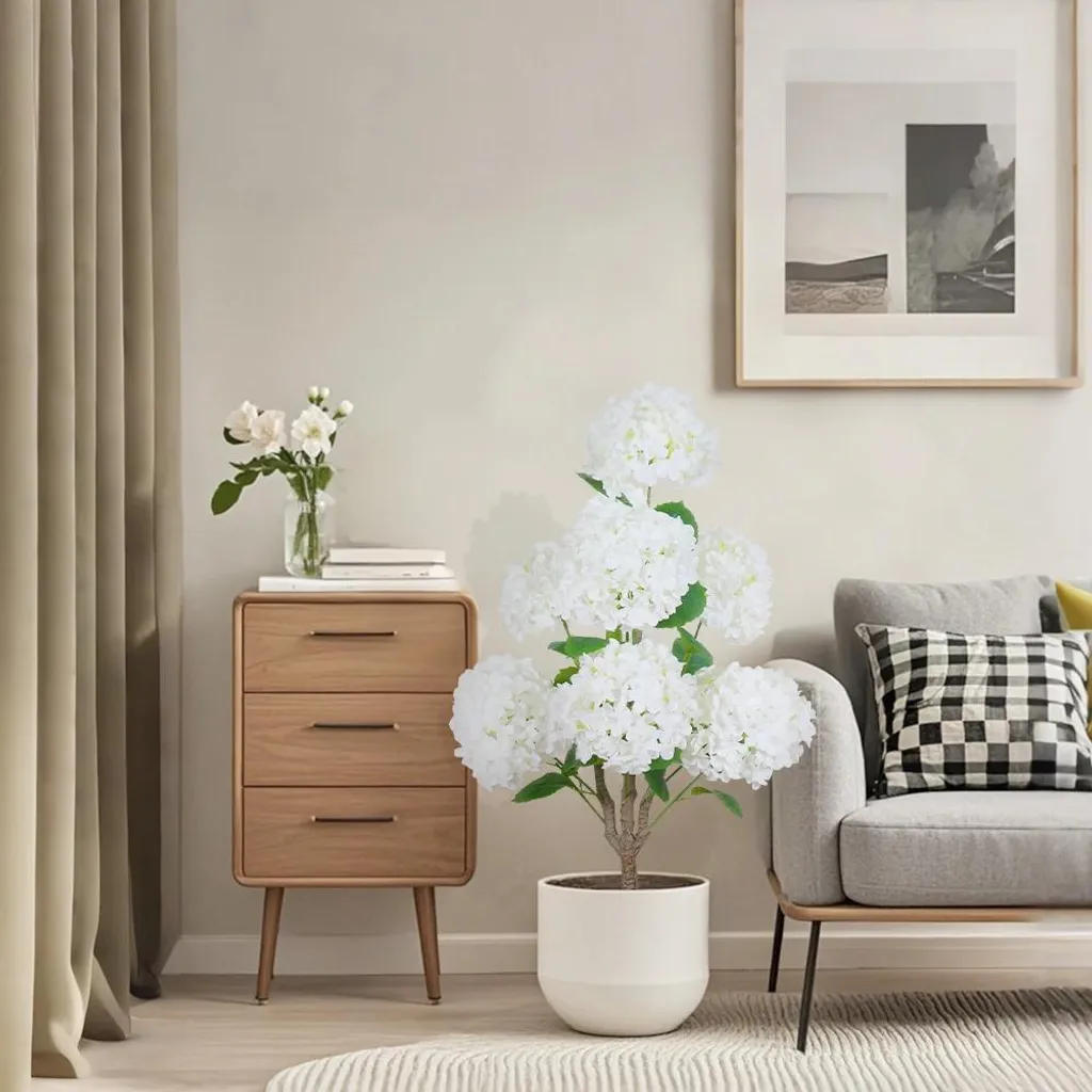 Bonsaï Hortensia Blanc Artificiel 90 cm - Plante de Table pour Balcon - 8