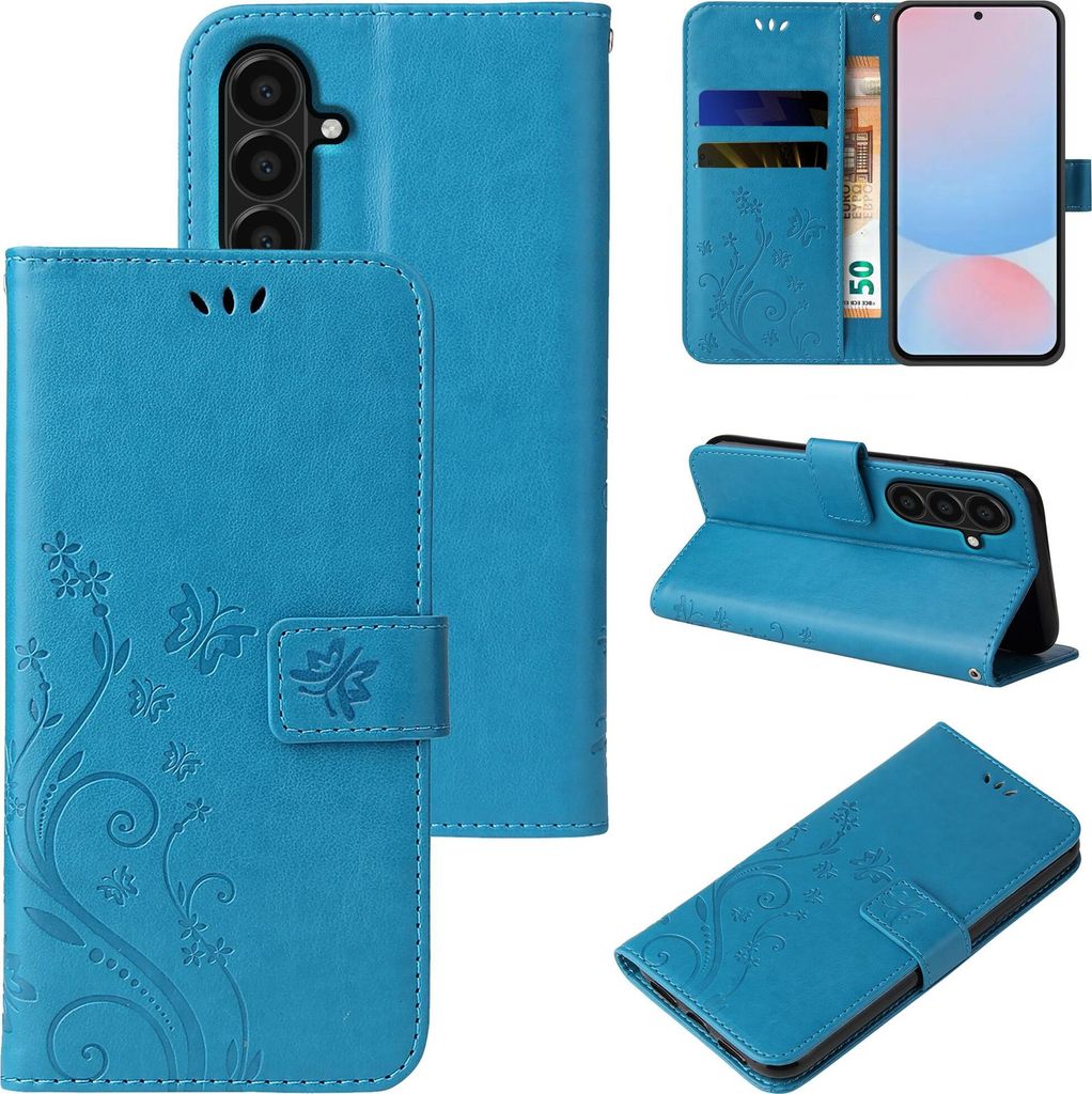 Collage of a blue floral and butterfly embossed flip phone case for a Samsung Galaxy A56 5G.