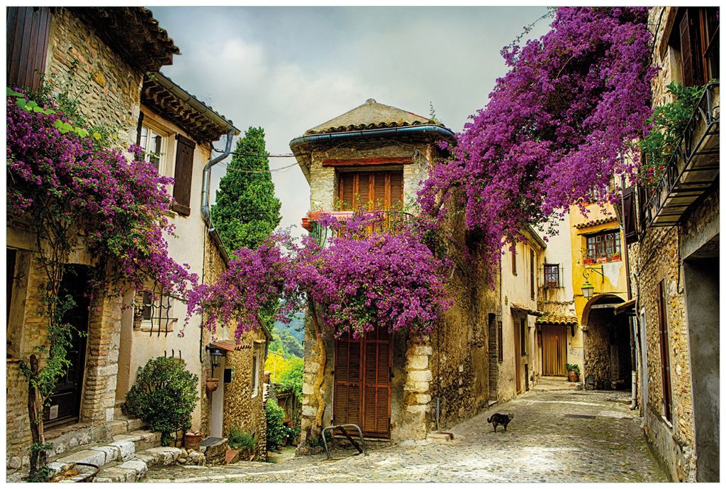 Wallario Wandbild aus Acryl, 90 x 60 cm, freischwebende Optik - Malerische Stadt in der Provence mit bunten Blumen