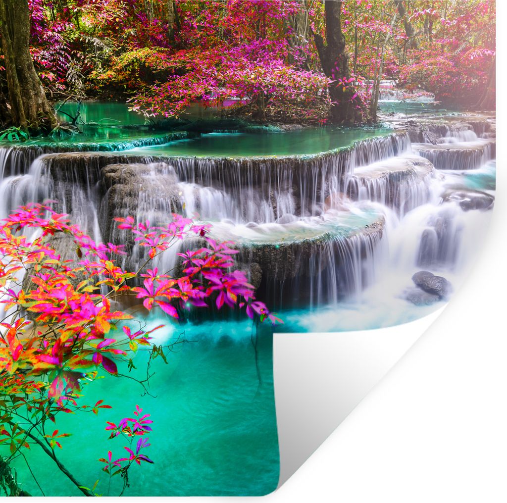 MuchoWow Wandtattoo Wandsticker Wandaufkleber Wasserfall - Sonne - Bäume - Regenbogen - Natur 30x30 cm Selbstklebend und Repositionierbar - Repo...