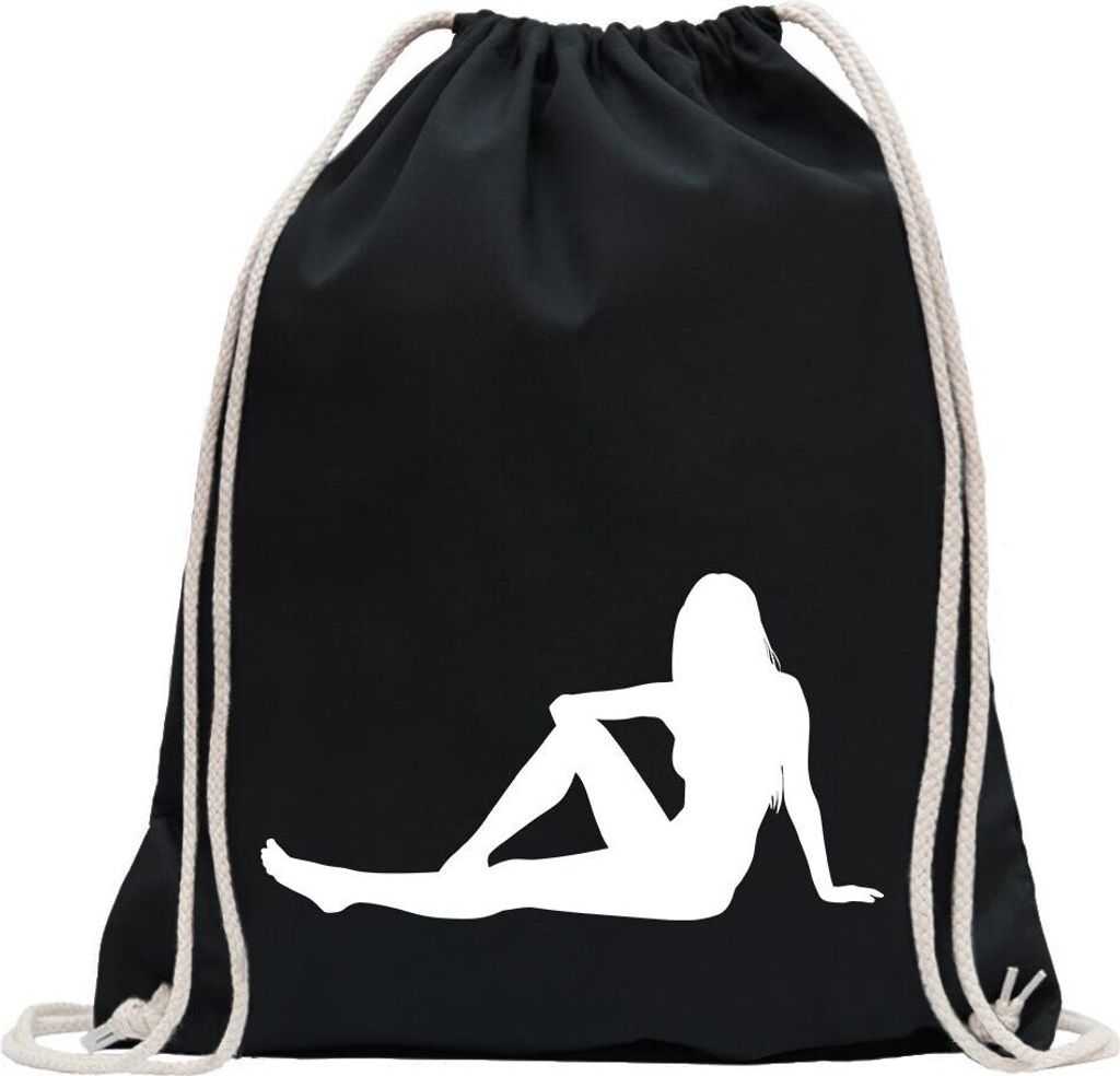 Kiwistar - Turnbeutel - schwarz - y Girl sitzend - Fun Rucksack Sport Beutel Gymsack Baumwolle mit Ziehgurt