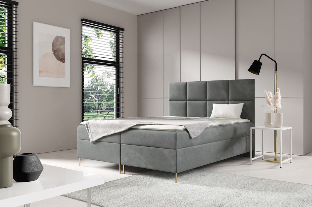GUTTO Boxspringbett SARA 140 x 200cm 2x Bettkasten TOPPER 5cm Gratis Grau Velour hohe goldene Beine