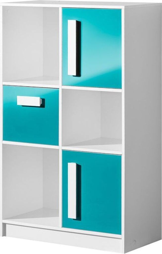 Kinderzimmer - Kommode Walter 07, Farbe: Weiß / Blau Hochglanz - 133 x 80 x 40 cm (H x B x T)