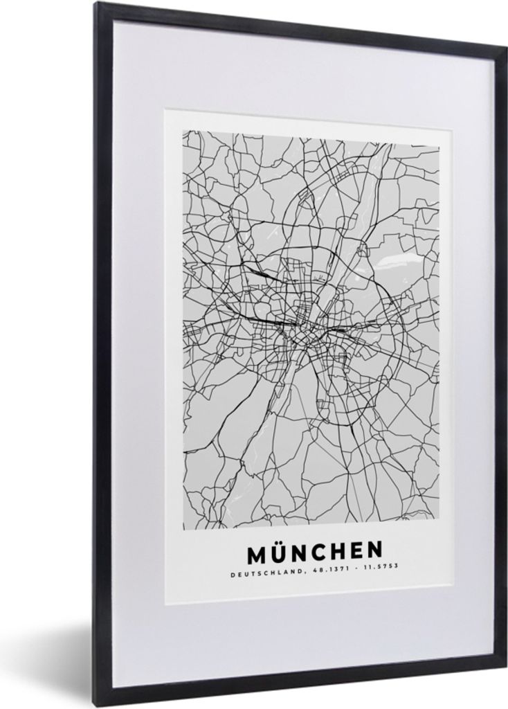 MuchoWow Gerahmtes Poster Karte - München - Karte - Deutschland 40x60 cm - Poster mit Schwarzem Bilderrahmen Wandposter Rahmen Foto Bilder - Pos...